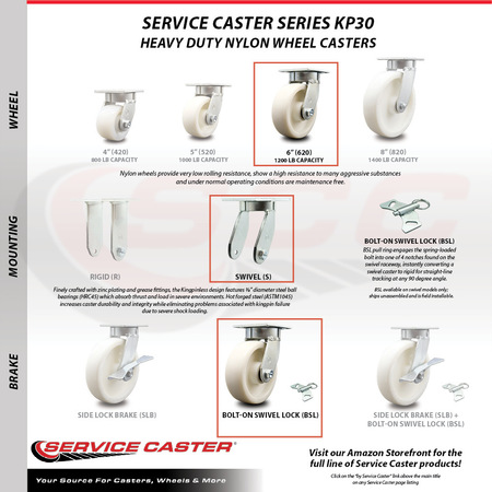 Service Caster 6 Inch Kingpinless Nylon Wheel Swivel Caster Set with Swivel Lock SCC-KP30S620-NYR-BSL-4